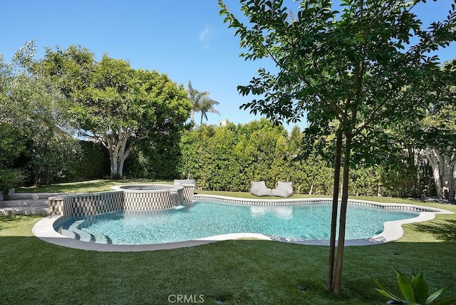22372 Harwich Ln, Huntington Beach, CA 92646 - view of pool featuring a yard, a pool with connected hot tub, and central AC