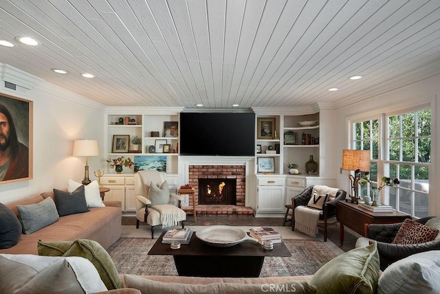 22372 Harwich Ln, Huntington Beach, CA 92646 - living area with crown molding, wood ceiling, built in features, a fireplace, and recessed lighting