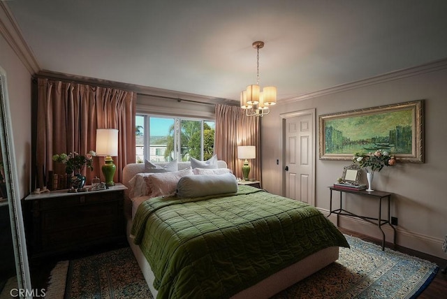 22372 Harwich Ln, Huntington Beach, CA 92646 - bedroom with a chandelier, baseboards, crown molding, and wood finished floors