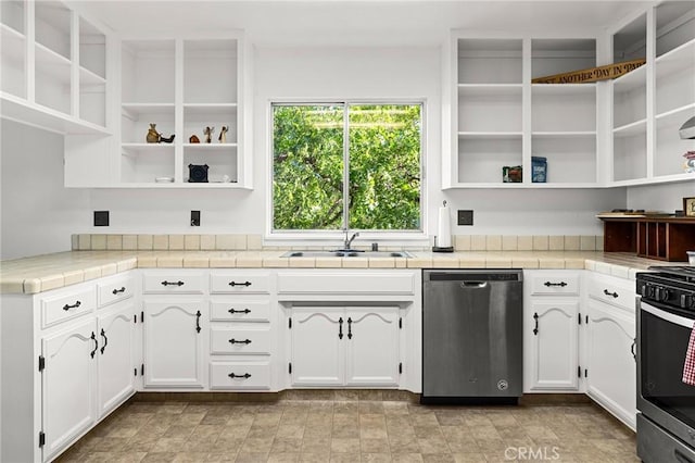 814 Natures Way, Paradise, CA 95969 - kitchen with stainless steel appliances, open shelves, white cabinetry, a sink, and tile countertops