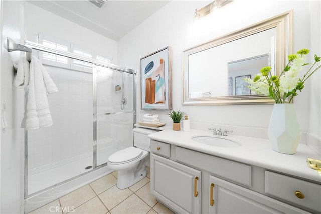 12800 N Overlook Dr, Rancho Cucamonga, CA 91739 - full bath featuring vanity, a stall shower, toilet, tile patterned flooring, and plenty of natural light