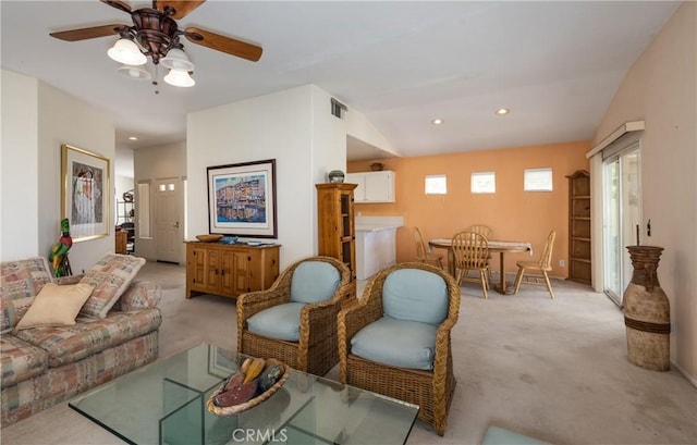 689 Twin Hills Dr, Banning, CA 92220 - living area featuring light carpet, a ceiling fan, and recessed lighting