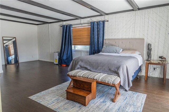 24048 Cruise Circle Dr, Canyon Lake, CA 92587 - bedroom featuring beam ceiling, wood finished floors, and baseboards