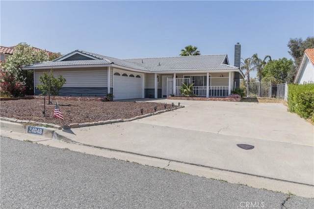 24048 Cruise Circle Dr, Canyon Lake, CA 92587 - ranch-style house with a porch, an attached garage, driveway, and a tiled roof