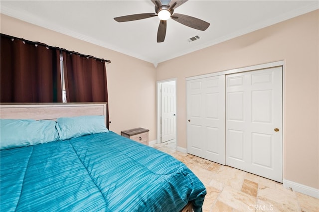 18936 Summerleaf Ln, Riverside, CA 92504 - bedroom with ornamental molding, baseboards, ceiling fan, and a closet
