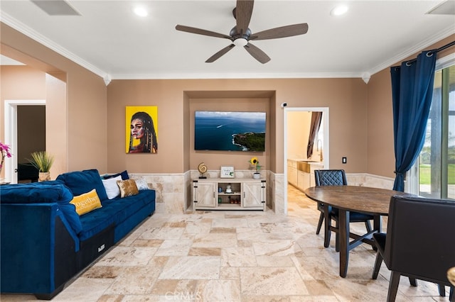 18936 Summerleaf Ln, Riverside, CA 92504 - living area featuring ornamental molding, plenty of natural light, ceiling fan, stone tile flooring, and wainscoting