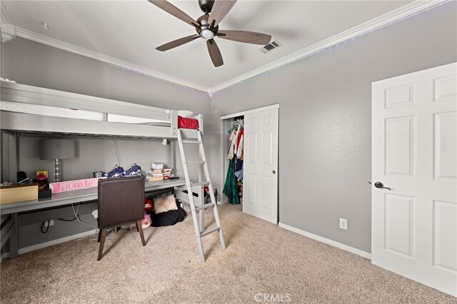 18936 Summerleaf Ln, Riverside, CA 92504 - bedroom featuring crown molding, carpet flooring, a desk, a closet, and baseboards