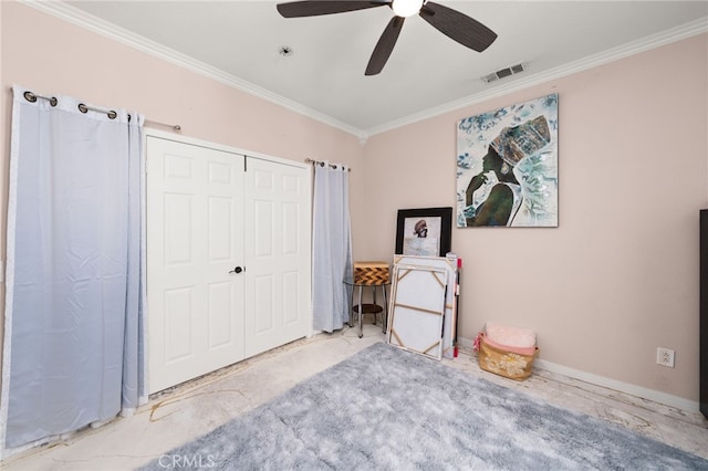 18936 Summerleaf Ln, Riverside, CA 92504 - bedroom with ornamental molding, a ceiling fan, and a closet