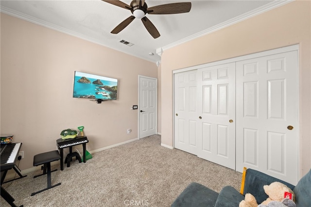 18936 Summerleaf Ln, Riverside, CA 92504 - living area with crown molding, a ceiling fan, carpet flooring, and baseboards