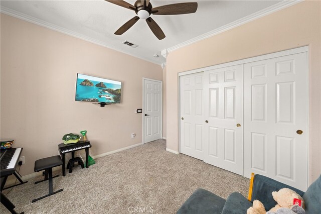 18936 Summerleaf Ln, Riverside, CA 92504 - sitting room with ornamental molding, a ceiling fan, carpet floors, and baseboards