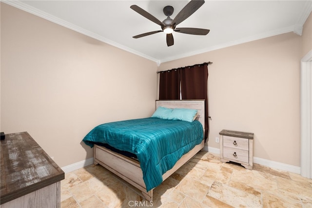 18936 Summerleaf Ln, Riverside, CA 92504 - bedroom featuring stone tile flooring, ornamental molding, baseboards, and ceiling fan