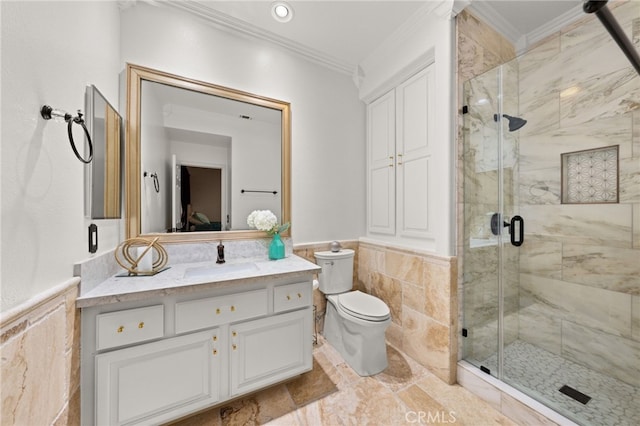 18936 Summerleaf Ln, Riverside, CA 92504 - full bath with ornamental molding, a wainscoted wall, vanity, a marble finish shower, and toilet