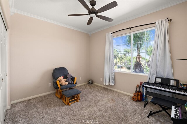 18936 Summerleaf Ln, Riverside, CA 92504 - sitting room with crown molding, carpet floors, baseboards, and a ceiling fan