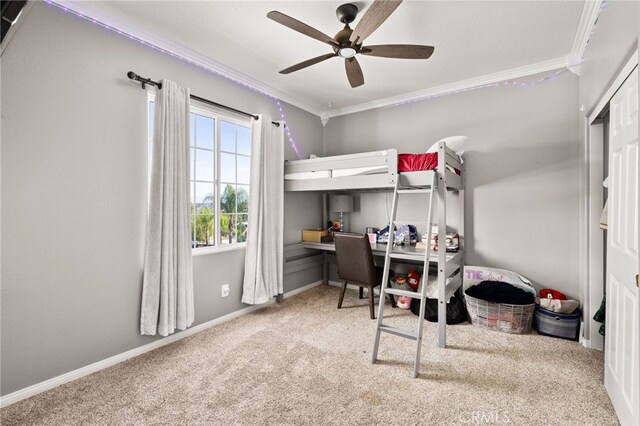 18936 Summerleaf Ln, Riverside, CA 92504 - carpeted bedroom featuring ornamental molding, an office area, baseboards, and ceiling fan