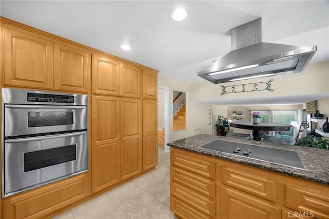 419 Clairmont Ave, Placentia, CA 92870 - kitchen featuring double oven, wall chimney range hood, black electric stovetop, light tile patterned floors, and dark stone countertops