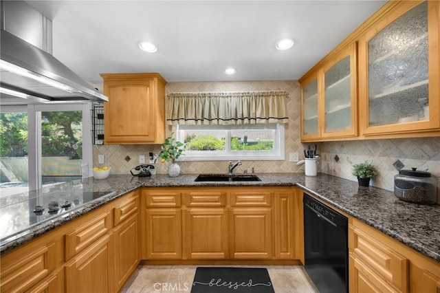 419 Clairmont Ave, Placentia, CA 92870 - kitchen with black appliances, wall chimney exhaust hood, a sink, plenty of natural light, and recessed lighting