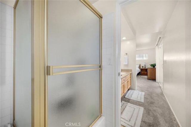 419 Clairmont Ave, Placentia, CA 92870 - ensuite bathroom with a shower stall, vanity, baseboards, and recessed lighting