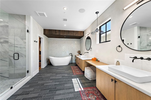 213 Avenida Princesa, San Clemente, CA 92672 - bathroom featuring two vanities, a shower stall, a soaking tub, and recessed lighting