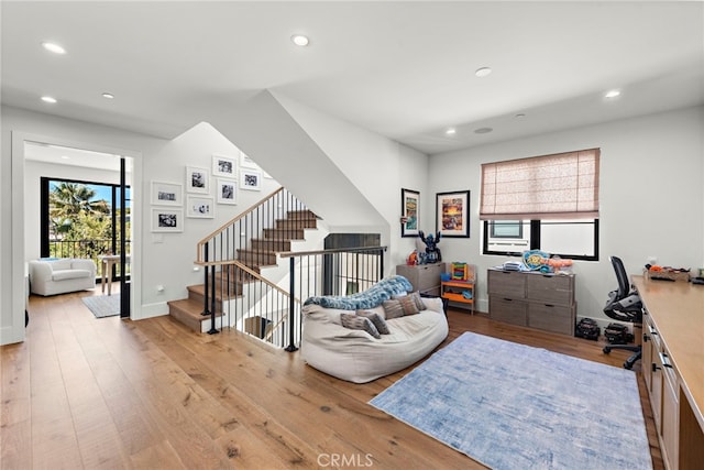 213 Avenida Princesa, San Clemente, CA 92672 - living room with recessed lighting, wood finished floors, an office area, stairway, and baseboards
