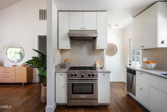 4865 Granada St, Los Angeles, CA 90042 - kitchen with appliances with stainless steel finishes, under cabinet range hood, dark wood finished floors, light countertops, and tasteful backsplash