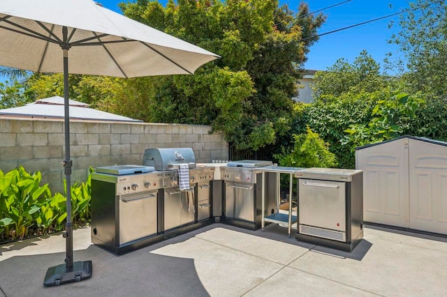 3925 Linmar Ln, Carlsbad, CA 92008 - view of patio with exterior kitchen and a storage shed