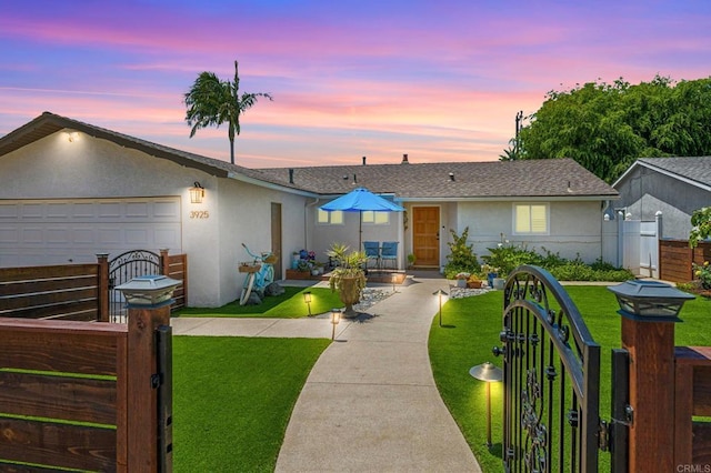 3925 Linmar Ln, Carlsbad, CA 92008 - ranch-style house featuring a gate, stucco siding, a garage, driveway, and a shingled roof