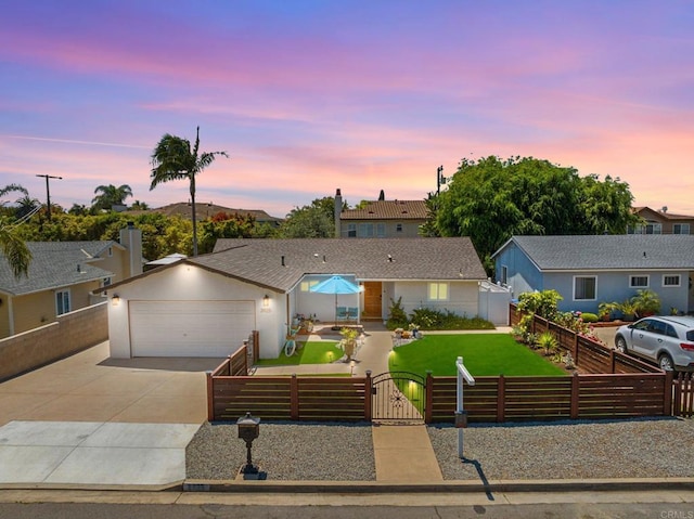3925 Linmar Ln, Carlsbad, CA 92008 - single story home with a fenced front yard, a gate, concrete driveway, a garage, and stucco siding