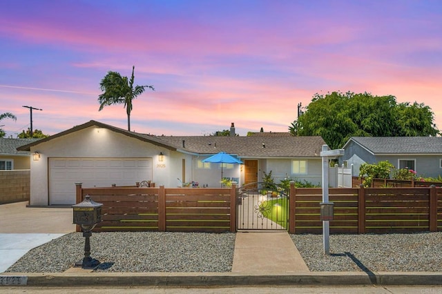 3925 Linmar Ln, Carlsbad, CA 92008 - ranch-style house featuring a fenced front yard, concrete driveway, an attached garage, stucco siding, and a gate