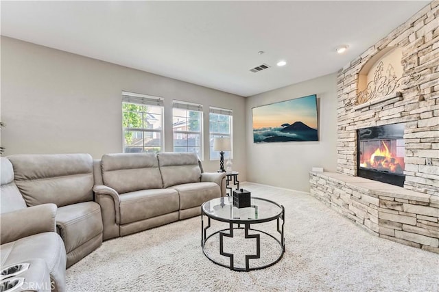 15601 N Peak Ln, Fontana, CA 92336 - living area featuring carpet, a fireplace, and recessed lighting