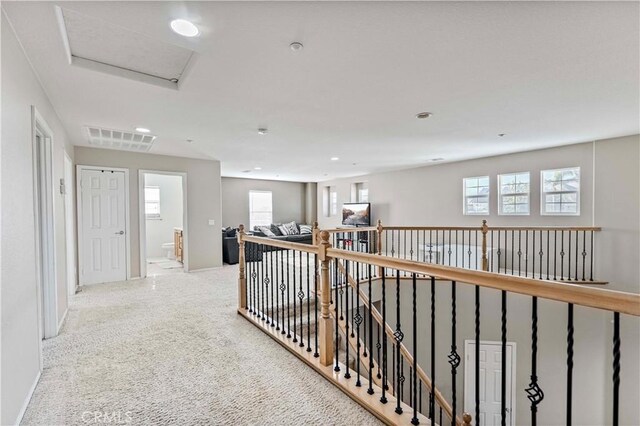 15601 N Peak Ln, Fontana, CA 92336 - hall featuring attic access, carpet floors, and recessed lighting