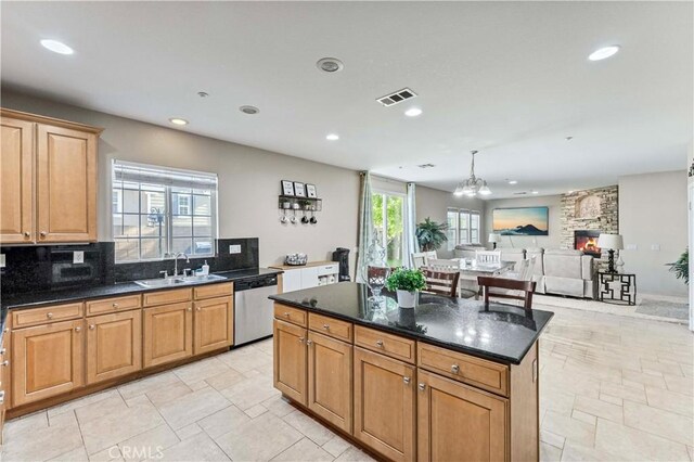 15601 N Peak Ln, Fontana, CA 92336 - kitchen featuring dishwasher, recessed lighting, a chandelier, a kitchen island, and open floor plan