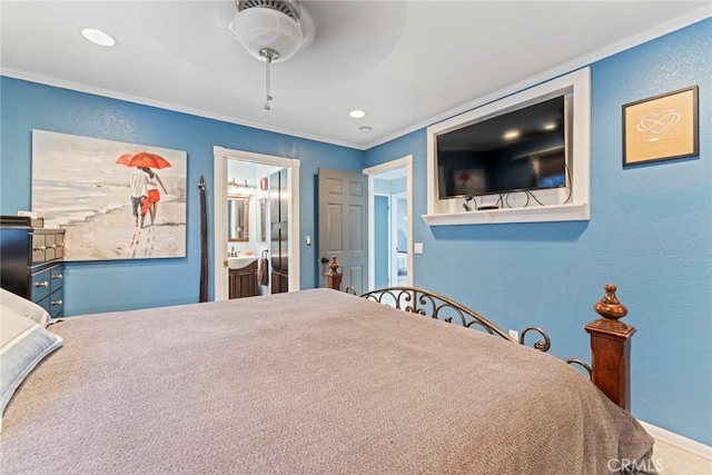 16080 San Jacinto Ave, Fontana, CA 92336 - bedroom featuring crown molding, ensuite bath, recessed lighting, a ceiling fan, and a textured wall