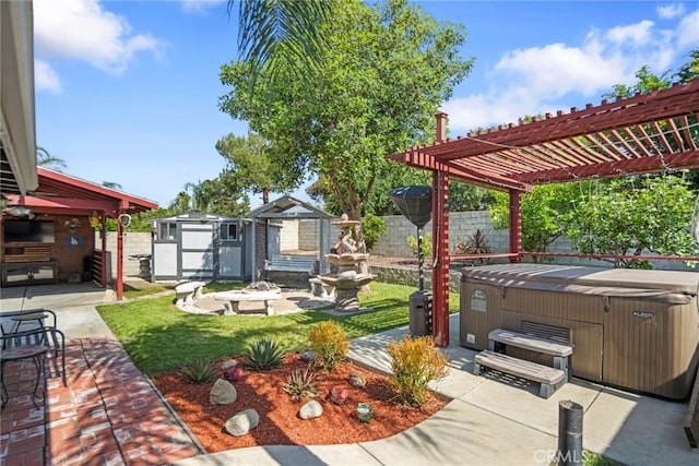 16080 San Jacinto Ave, Fontana, CA 92336 - fenced backyard featuring a hot tub, a patio area, and a pergola