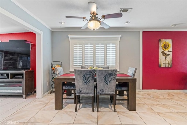 16080 San Jacinto Ave, Fontana, CA 92336 - tiled dining area featuring a ceiling fan and crown molding