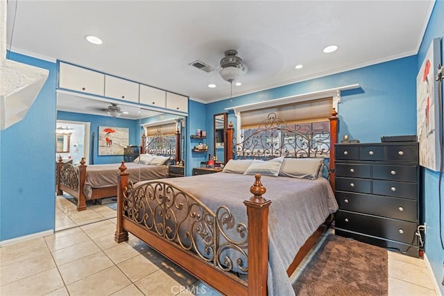 16080 San Jacinto Ave, Fontana, CA 92336 - tiled bedroom with ornamental molding, baseboards, ceiling fan, and recessed lighting