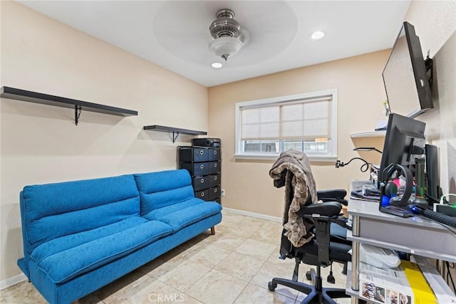 16080 San Jacinto Ave, Fontana, CA 92336 - office area featuring ceiling fan, baseboards, recessed lighting, and light tile patterned floors