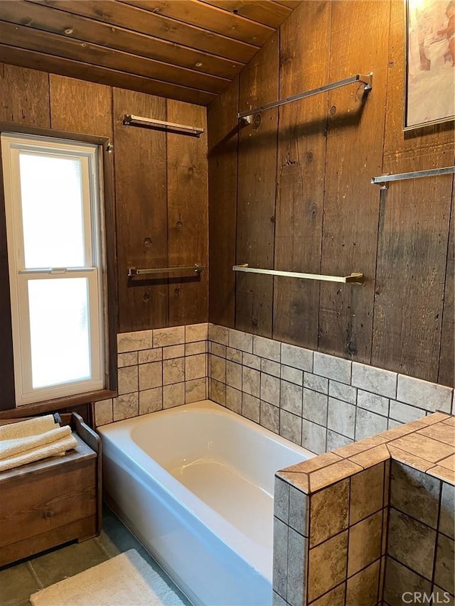320 Starvation Flats Rd, Big Bear Lake, CA 92315 - full bath featuring wood ceiling, a bath, and wood walls