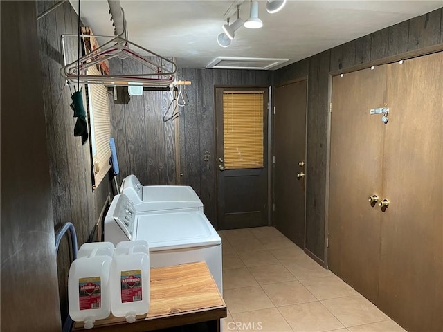 320 Starvation Flats Rd, Big Bear Lake, CA 92315 - washroom featuring separate washer and dryer, tile patterned flooring, and wooden walls