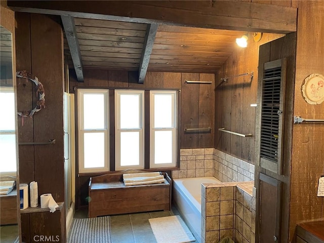 320 Starvation Flats Rd, Big Bear Lake, CA 92315 - full bath featuring a bath, a shower, wooden ceiling with exposed beams, tile patterned flooring, and wooden walls