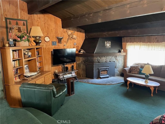 320 Starvation Flats Rd, Big Bear Lake, CA 92315 - carpeted living room featuring wood walls and wooden ceiling with exposed beams
