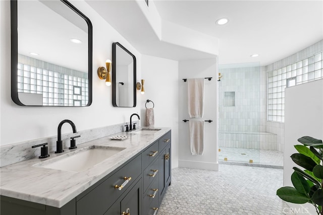 332 L St, Newport Beach, CA 92661 - bathroom with double vanity, walk in shower, tile patterned floors, recessed lighting, and baseboards