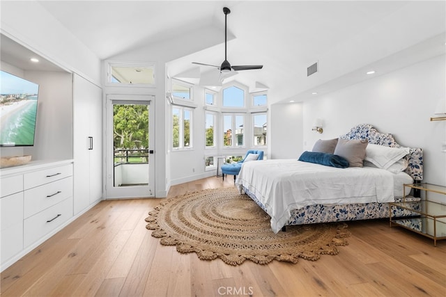 332 L St, Newport Beach, CA 92661 - bedroom featuring access to exterior, light wood-style floors, a ceiling fan, and high vaulted ceiling