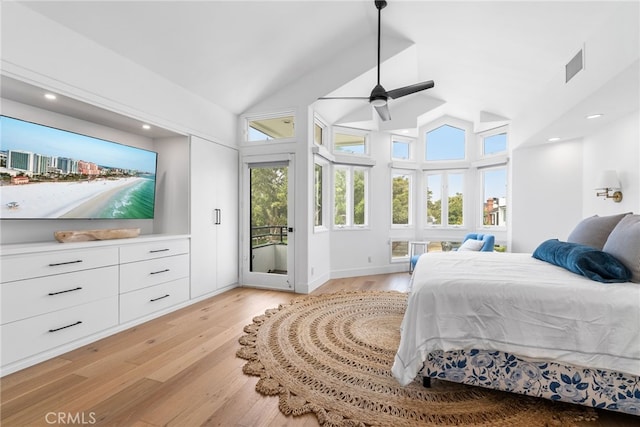 332 L St, Newport Beach, CA 92661 - bedroom featuring access to exterior, light wood-style floors, vaulted ceiling, and recessed lighting