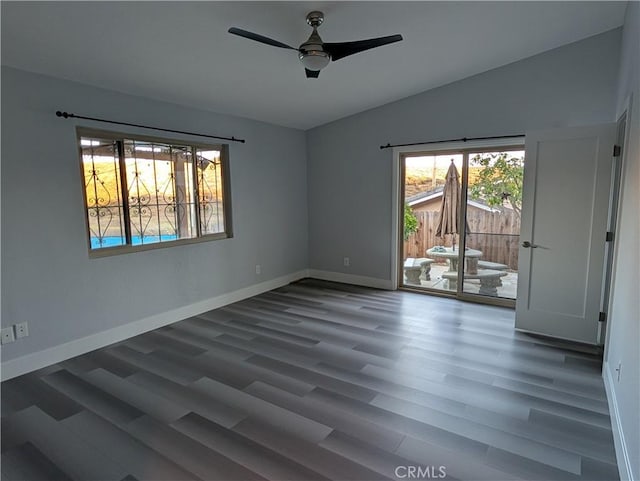 23040 Giant Fir Pl, Canyon Lake, CA 92587 - empty room with baseboards, wood finished floors, ceiling fan, and lofted ceiling