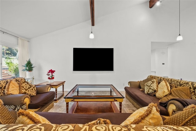 13247 Mission Tierra Way, Granada Hills, CA 91344 - living room with beamed ceiling, high vaulted ceiling, baseboards, and wood finished floors