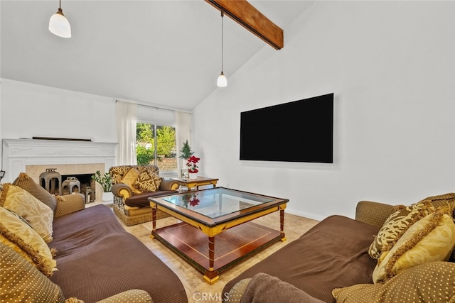 13247 Mission Tierra Way, Granada Hills, CA 91344 - living area featuring beam ceiling, high vaulted ceiling, baseboards, and a tile fireplace