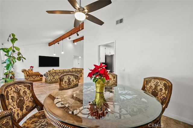 13247 Mission Tierra Way, Granada Hills, CA 91344 - dining space featuring a ceiling fan, high vaulted ceiling, beam ceiling, and baseboards
