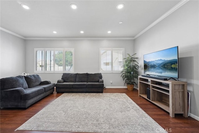 10237 Cotoneaster St, Apple Valley, CA 92308 - living area featuring crown molding, recessed lighting, dark wood-style flooring, and baseboards