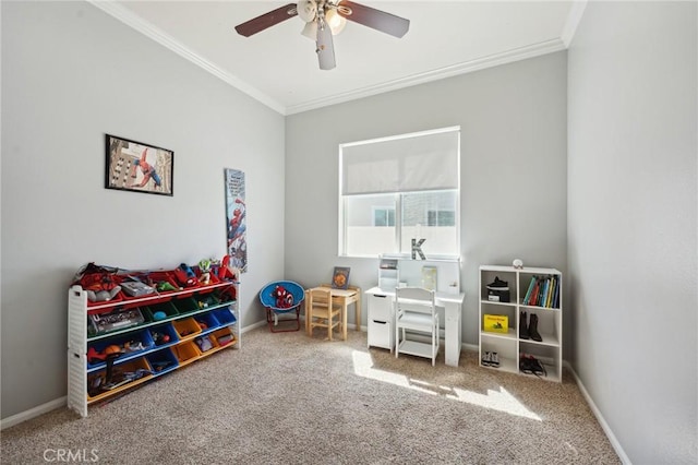 10237 Cotoneaster St, Apple Valley, CA 92308 - playroom with crown molding, ceiling fan, carpet floors, and baseboards