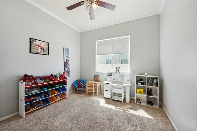 10237 Cotoneaster St, Apple Valley, CA 92308 - rec room featuring ornamental molding, a ceiling fan, and carpet flooring